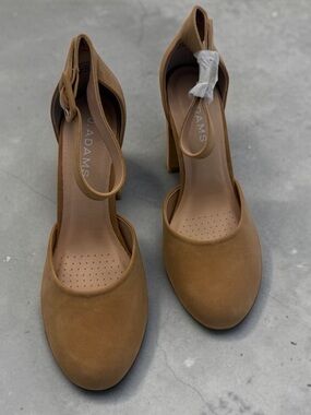 Adams Camel Tan Suede Ankle-Strap Closed-Toe Heels